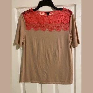 Ann Taylor Tan Shirt with Pink Lace